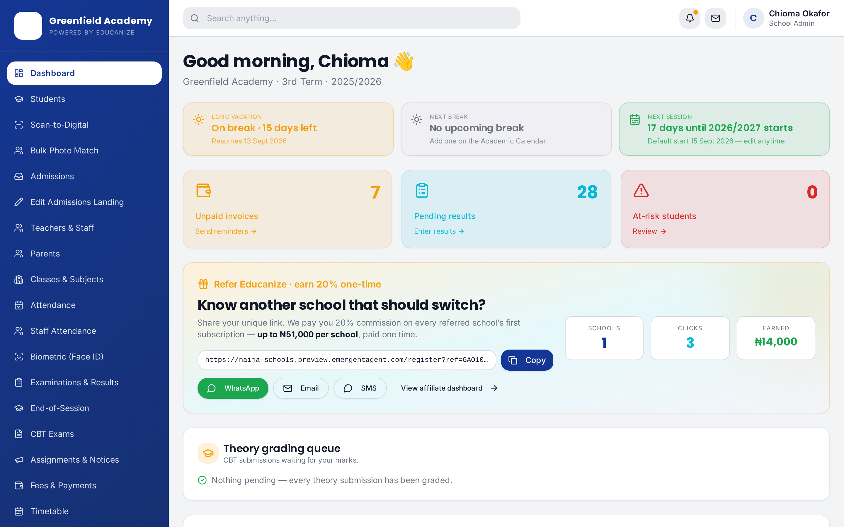 Educanize school-admin dashboard with attendance, unpaid invoices, results and referral widgets